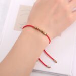 Five Lucky Beads Copper Bracelet - Blue & Red String - Image 4